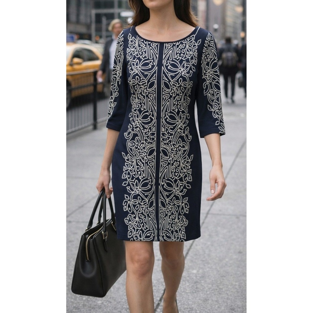 Laundry‎ by Shelli Segal Navy White Floral Shift Dress 3/4 Sleeve XS